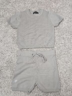 Neutral Light Olive Green Knit Short Set